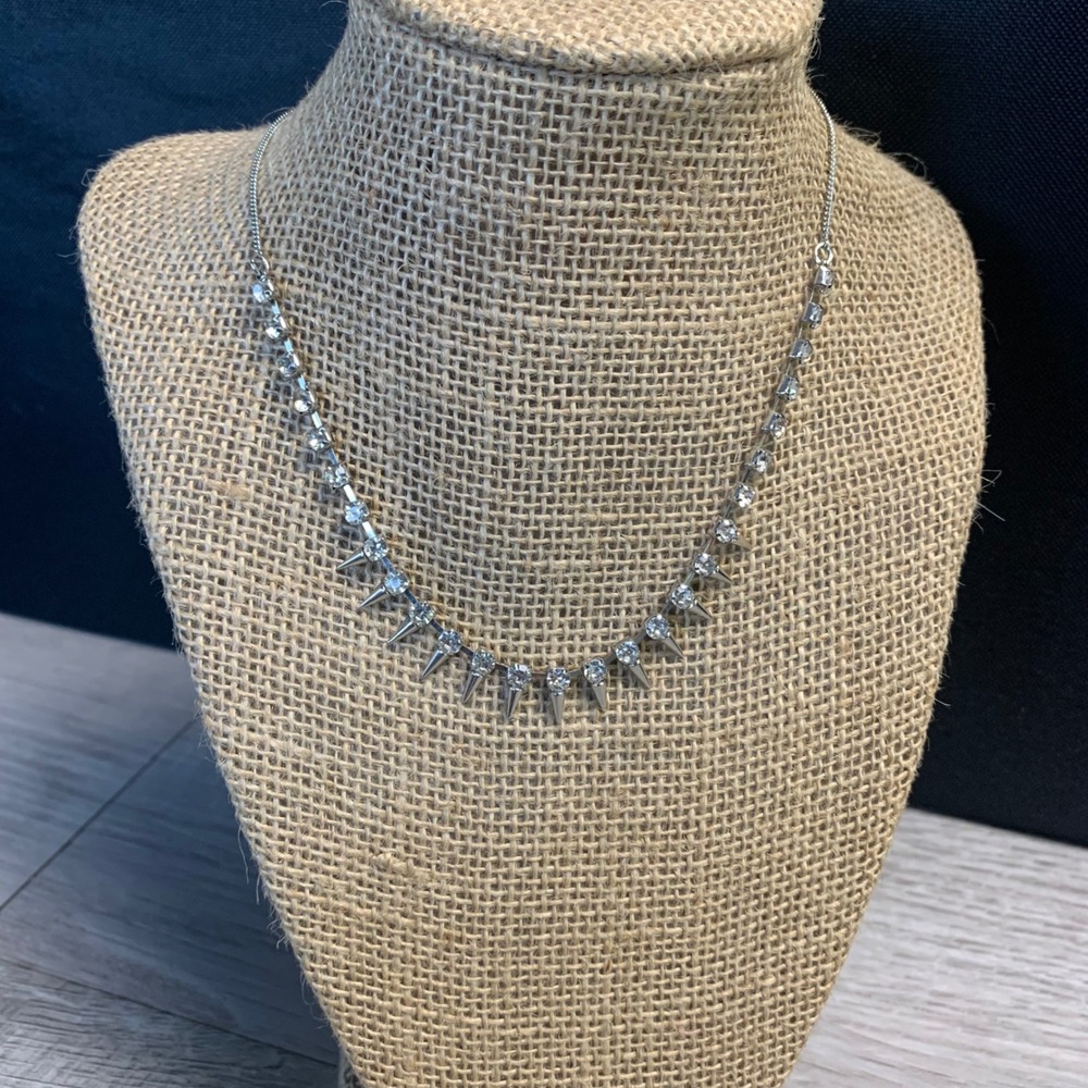 Accessorize Silver Tone Rhinestone Spike Fringe Necklace 16-19 Inch Edgy Punk